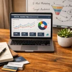 photographic The image features a wellorganized workspace bathed in natural light from a nearby window A sleek wooden desk holds a laptop open to a di-1-1