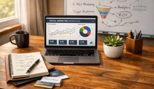 photographic The image features a wellorganized workspace bathed in natural light from a nearby window A sleek wooden desk holds a laptop open to a di-1-1